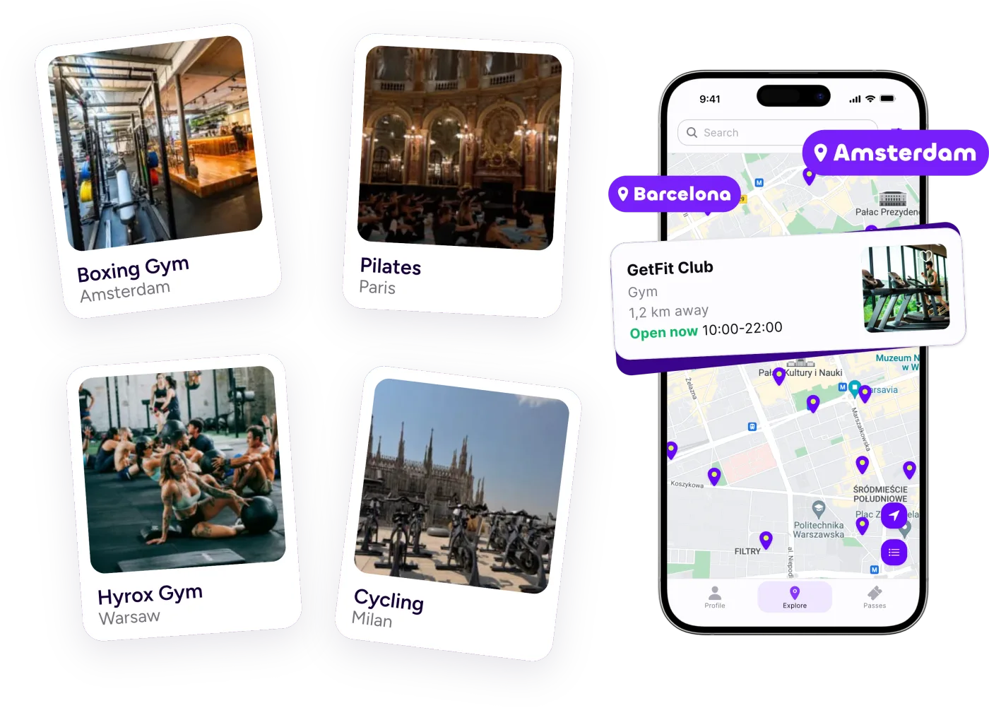 Fitual app map with gym options in Amsterdam, Barcelona, Paris, Warsaw and Milan